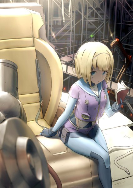 Anime picture 2480x3497 with heavy object j.c. staff milinda brantini hex (tanhexun) single tall image looking at viewer highres short hair blue eyes blonde hair sitting girl hairband book (books) bodysuit