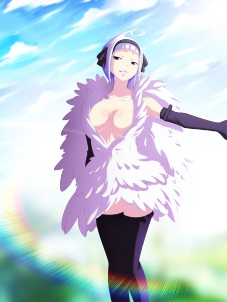 Anime picture 1500x1991 with fairy tail angel (faity tail) eroishi single tall image short hair breasts light erotic smile sky cloud (clouds) ahoge white hair black eyes sunlight coloring girl thighhighs gloves black thighhighs