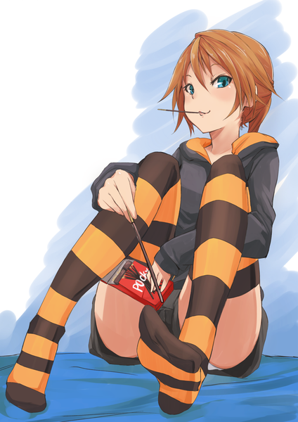 Anime picture 1240x1754 with original fu-ta single tall image looking at viewer short hair blue eyes light erotic orange hair legs pantyshot sitting girl thighhighs sweets striped thighhighs hoodie pocky