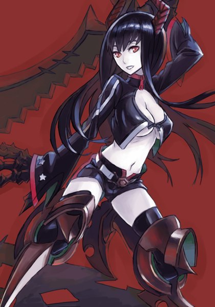 Anime picture 1050x1500 with black rock shooter black gold saw utu (pixiv 70372) single long hair tall image looking at viewer breasts open mouth light erotic black hair red eyes large breasts cleavage horn (horns) no bra midriff demon girl demon girl
