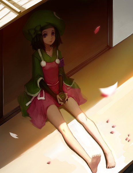 Anime picture 1275x1650 with original blackrabbitsoul single tall image short hair brown hair sitting holding brown eyes looking away barefoot light smile lips bare legs looking up girl dress bow hat petals