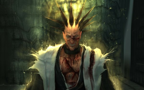 Anime picture 1440x900 with bleach studio pierrot zaraki kenpachi single looking at viewer black hair wide image yellow eyes torn clothes scar crazy smile boy blood