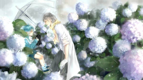 Anime picture 3000x1687 with dramatical murder nitro+chiral aoba (dmmd) clear (dmmd) gackpokaito highres short hair smile wide image sitting brown eyes yellow eyes blue hair grey hair wet rain boy gloves flower (flowers) shorts