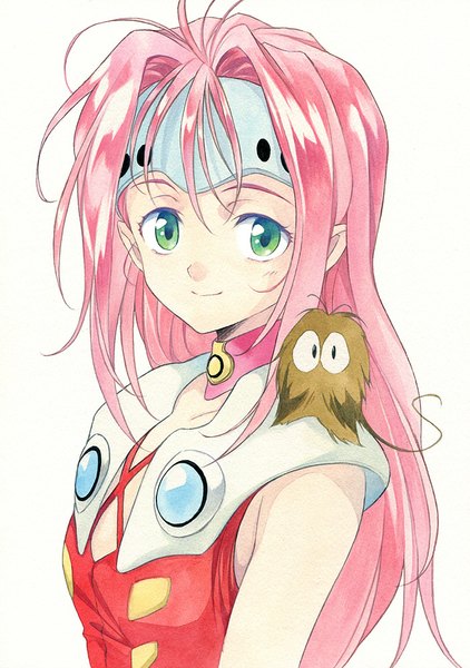 Anime picture 703x1000 with macross macross 7 mylene jenius guvava agahari single long hair tall image looking at viewer simple background smile white background green eyes pink hair traditional media watercolor (medium) girl animal