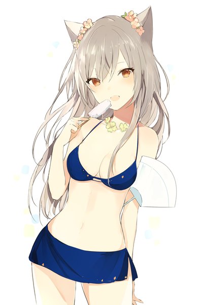 Anime picture 650x1000 with original lpip single long hair tall image looking at viewer blush fringe breasts open mouth light erotic simple background smile hair between eyes white background bare shoulders holding brown eyes animal ears hair flower