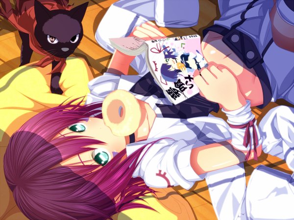 Anime picture 1338x1000 with yumekui merry merry nightmare tsukumo short hair green eyes purple hair lying mouth hold girl navel animal book (books) cat