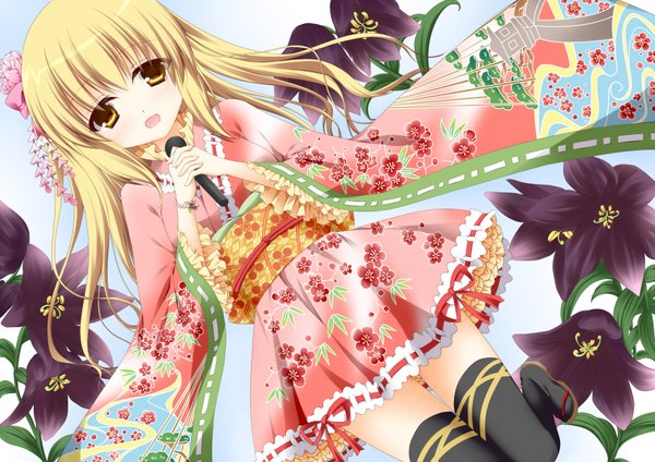 Anime picture 1754x1240 with original shisui (kachoufuugetsu) single long hair blush highres open mouth blonde hair yellow eyes japanese clothes hair flower lolita fashion wa lolita girl thighhighs hair ornament flower (flowers) black thighhighs kimono obi