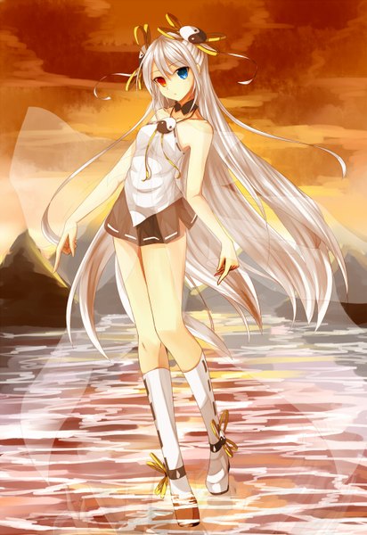 Anime picture 1015x1476 with original tagme (artist) single long hair tall image looking at viewer fringe blue eyes red eyes standing twintails bare shoulders white hair sunlight heterochromia evening sunset mountain transparent yin yang