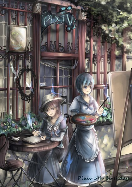 Anime picture 2893x4092 with original pixiv pixiv-tan qianqian long hair tall image highres short hair blue eyes sitting multiple girls signed blue hair silver hair girl dress flower (flowers) 2 girls hat window