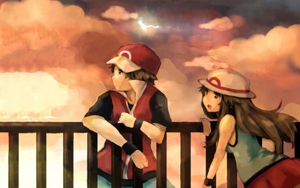 Anime picture 1920x1200 with pokemon nintendo red (pokemon) blue (pokemon) mew (pokemon) long hair highres short hair open mouth brown hair wide image cloud (clouds) profile gen 1 pokemon girl boy hat cap