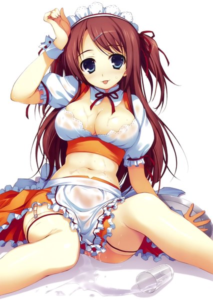 Anime picture 4827x6799 with original tomose shunsaku single long hair tall image looking at viewer blush highres blue eyes light erotic brown hair absurdres scan official art maid girl thighhighs dress uniform white thighhighs