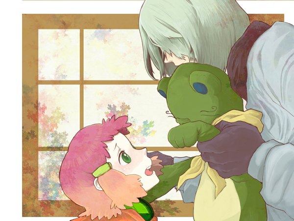 Anime picture 1024x768 with aquarion (series) aquarion evol satelight jin musou yunoha thrul short hair open mouth green eyes pink hair silver hair multicolored hair orange hair couple hair over eyes girl boy toy stuffed animal