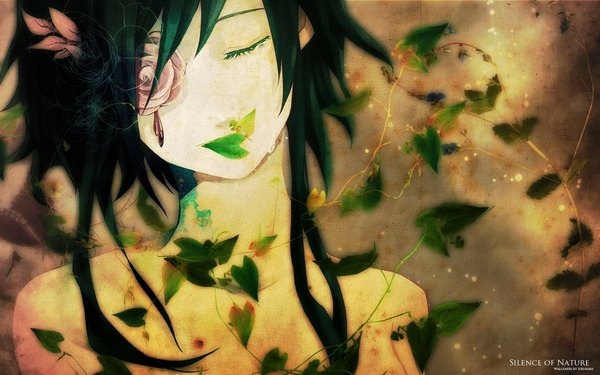 Anime picture 1920x1200 with vocaloid gumi single highres short hair wide image bare shoulders eyes closed hair flower green hair nude wallpaper crying girl hair ornament flower (flowers) rose (roses)