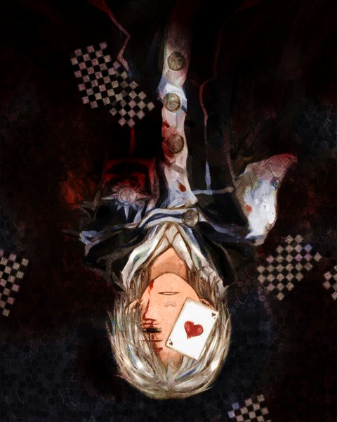 Anime picture 1024x1280 with d.gray-man allen walker single tall image looking at viewer short hair brown eyes white hair lying teeth upside down sad boy blood card (cards)