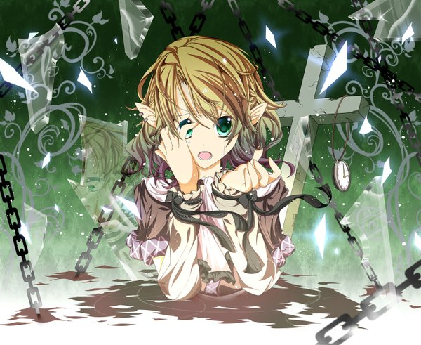 Anime picture 1416x1160 with touhou mizuhashi parsee hikobae single open mouth blonde hair green eyes multicolored hair pointy ears tears reflection gradient hair hand on face broken glass girl detached sleeves earrings chain cross clock