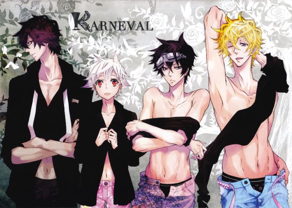 Anime picture 5656x4029 with karneval gareki (karneval) yogi (karneval) nai (karneval) hirato (karneval) mikanagi touya looking at viewer highres short hair open mouth light erotic blonde hair smile red eyes brown hair brown eyes looking away absurdres white hair open clothes