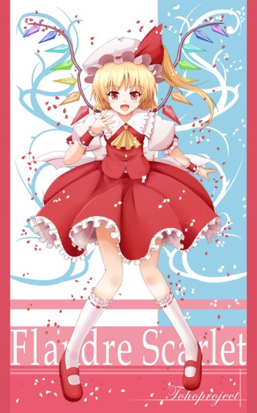 Anime picture 3034x4875 with touhou flandre scarlet uzura purin single tall image blush highres short hair open mouth blonde hair red eyes absurdres girl skirt petals wings socks white socks skirt set crystal