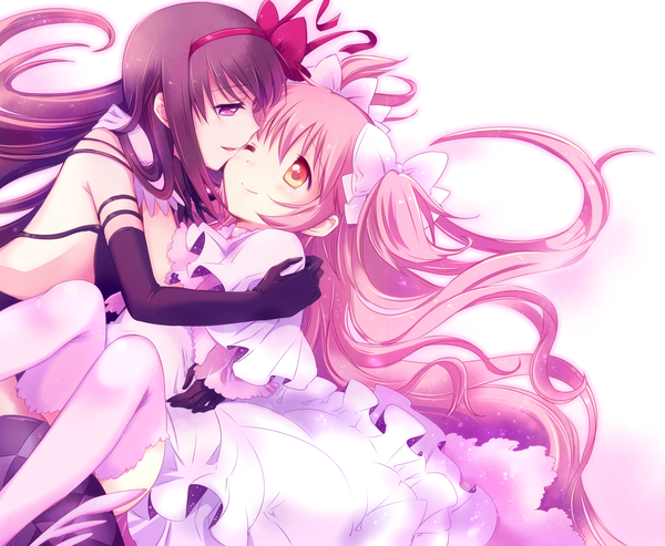 Anime picture 2028x1669 with mahou shoujo madoka magica shaft (studio) akemi homura kaname madoka akuma homura yamada ako long hair highres white background purple eyes multiple girls pink hair purple hair one eye closed wink orange eyes hug shoujo ai girl thighhighs