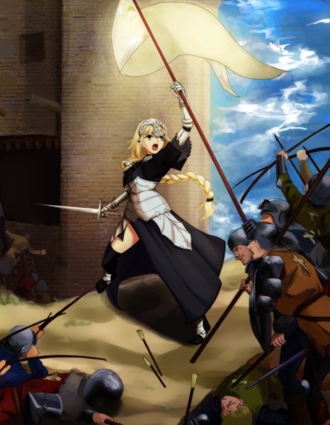 Anime picture 3543x4555 with fate (series) fate/apocrypha fate/zero type-moon jeanne d'arc (fate) (all) jeanne d'arc (fate) zhou siwei long hair tall image fringe highres open mouth blue eyes blonde hair absurdres braid (braids) battle warrior army war