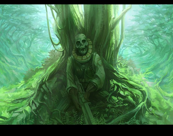 Anime picture 1065x839 with original kome (artist) single open mouth sitting skeleton gloves plant (plants) tree (trees) gun forest