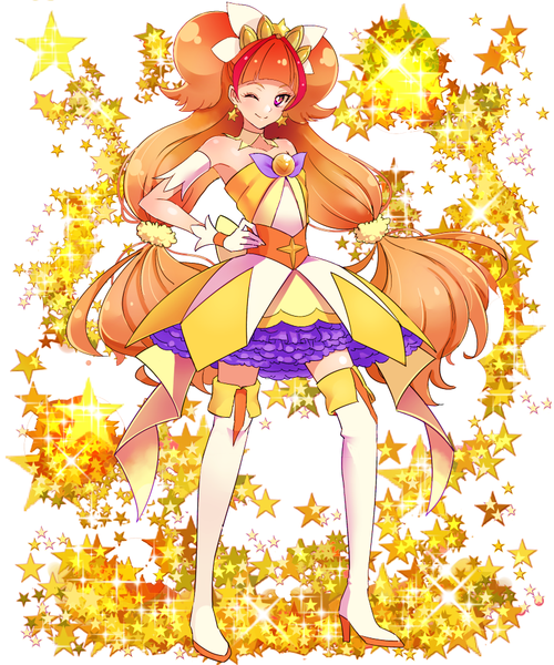 Anime picture 833x1000 with precure go! princess precure toei animation amanogawa kirara cure twinkle naokado single long hair tall image looking at viewer fringe smile bare shoulders one eye closed pink eyes wink orange hair hand on hip girl dress