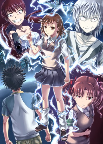 Anime picture 1000x1400 with to aru kagaku no railgun to aru majutsu no index j.c. staff misaka mikoto shirai kuroko kamijou touma accelerator musujime awaki shingo (picturepuzzle) tall image short hair black hair smile red eyes brown hair twintails multiple girls brown eyes white hair multiple boys