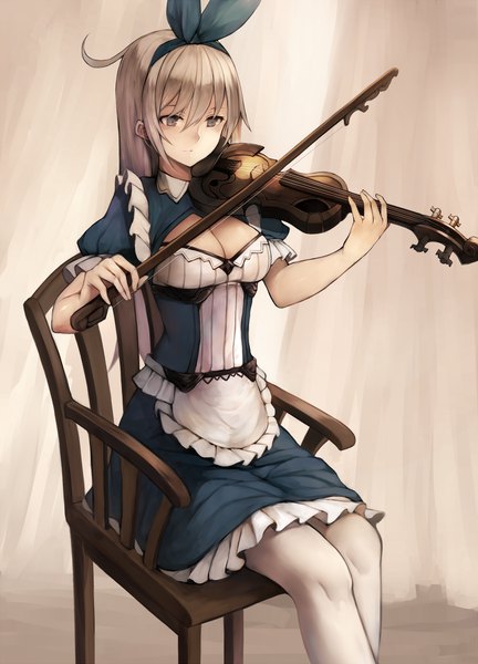 Anime picture 1000x1389 with original snm (sunimi) single long hair tall image fringe breasts blonde hair hair between eyes large breasts sitting holding cleavage ahoge maid grey eyes cleavage cutout expressionless playing instrument girl