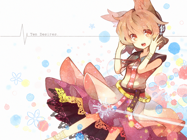 Anime picture 1000x750 with touhou toyosatomimi no miko fuiyu (feuille0818) single short hair open mouth blonde hair red eyes inscription wallpaper sleeveless girl dress bracelet headphones jewelry