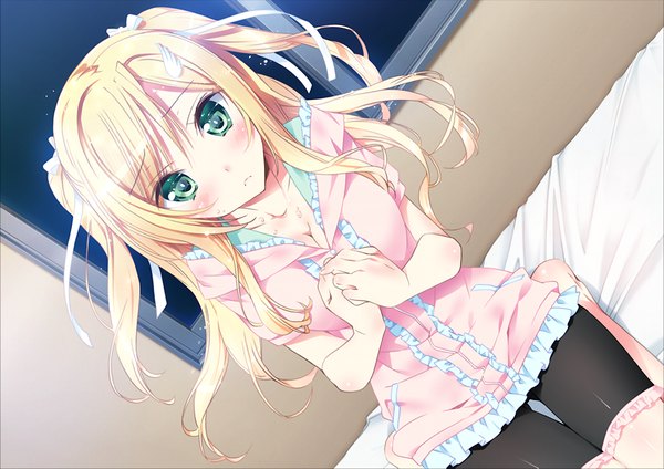 Anime picture 1024x725 with friends (game) kamiya maneki long hair blush blonde hair green eyes game cg girl ribbon (ribbons) hair ribbon leggings