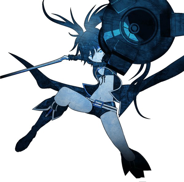 Anime picture 1500x1484 with black rock shooter black rock shooter (character) single long hair blue eyes black hair simple background white background twintails girl sword shorts belt gun thigh boots cloak bikini top huge weapon