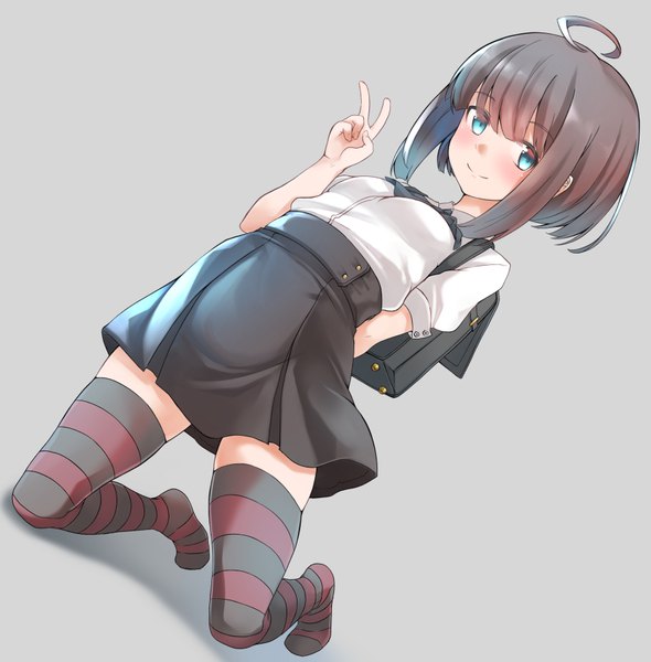 Anime picture 900x915 with original comah single tall image looking at viewer blush fringe short hair blue eyes simple background smile brown hair payot full body ahoge grey background no shoes puffy sleeves kneeling arm behind back