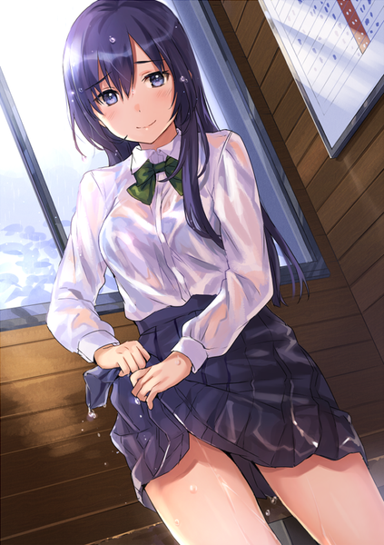 Anime picture 635x900 with original tan (tangent) single long hair tall image looking at viewer blush fringe breasts blue eyes light erotic smile hair between eyes standing blue hair long sleeves pleated skirt wet dutch angle rain