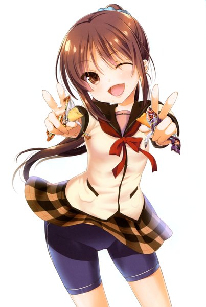 Anime picture 4279x6375 with jinsei suzuki ikumi nanase meruchi single long hair tall image looking at viewer blush highres open mouth light erotic brown hair brown eyes absurdres ponytail one eye closed wink scan official art skirt lift