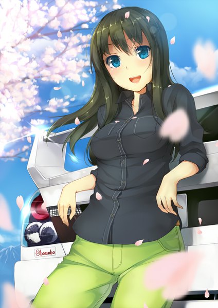 Anime picture 706x1000 with original unasaka ryou single long hair tall image looking at viewer blush open mouth blue eyes black hair smile sky cloud (clouds) leaning depth of field cherry blossoms happy girl plant (plants) shirt