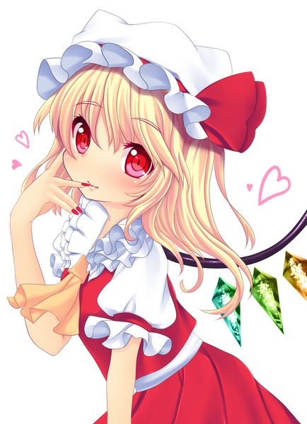 Anime picture 2170x3000 with touhou flandre scarlet kiyomin single tall image blush highres short hair simple background blonde hair red eyes white background teeth fang (fangs) finger to mouth girl dress skirt wings bonnet