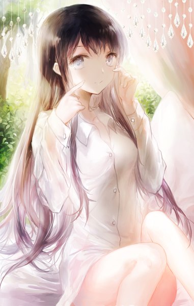 Anime picture 992x1561 with love lab doga kobo maki natsuo juexing (moemoe3345) single long hair tall image looking at viewer blue eyes smile brown hair sitting sunlight naked shirt girl shirt