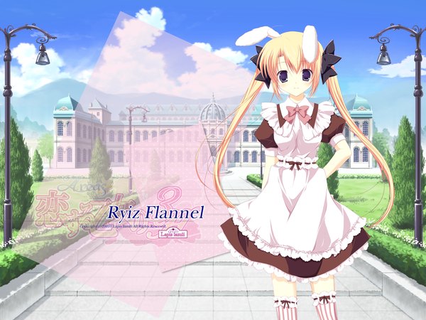 Anime picture 1600x1200 with areas riizu furanneru miyasaka miyu single long hair looking at viewer blue eyes blonde hair twintails inscription bunny ears hand on hip girl thighhighs dress ribbon (ribbons) hair ribbon striped thighhighs