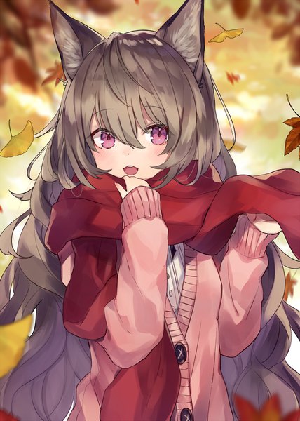 Anime picture 700x980 with original shugao single long hair tall image looking at viewer blush fringe open mouth hair between eyes brown hair holding animal ears upper body long sleeves pink eyes blurry depth of field fox ears fox girl