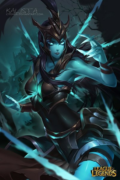 Anime picture 685x1024 with league of legends kalista (league of legends) gu-ko citemer single long hair tall image looking at viewer breasts blue eyes black hair lips blue skin girl belt armor thigh strap helmet
