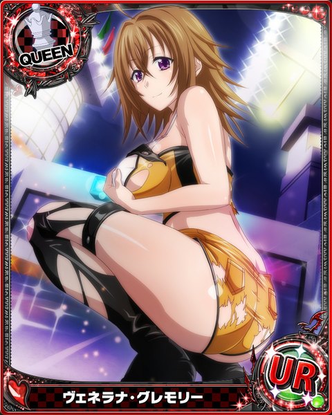Anime picture 640x800 with highschool dxd venelana gremory single long hair tall image looking at viewer light erotic brown hair purple eyes torn clothes card (medium) girl shorts boots short shorts thigh boots clothes
