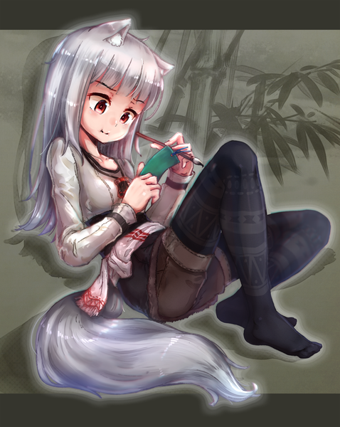 Anime picture 1400x1757 with spice and wolf myuri (spice and wolf) black row single long hair tall image fringe breasts red eyes sitting holding animal ears silver hair full body ahoge bent knee (knees) tail blunt bangs long sleeves animal tail