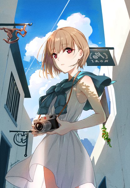 Anime picture 1080x1560 with original phantania single tall image blush fringe short hair brown hair standing holding signed sky cloud (clouds) outdoors pink eyes wind shadow from below looking up clothes on shoulders