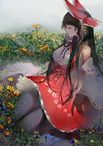 Anime picture 848x1200 with touhou hakurei reimu hoshimawa single long hair tall image fringe breasts brown hair eyes closed traditional clothes head tilt japanese clothes profile lips wide sleeves miko girl flower (flowers) bow