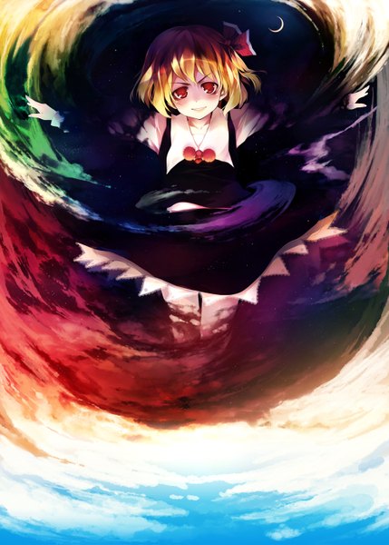 Anime picture 1000x1399 with touhou rumia chinchickrin single tall image looking at viewer blush short hair blonde hair smile red eyes spread arms crescent girl bow hair bow moon