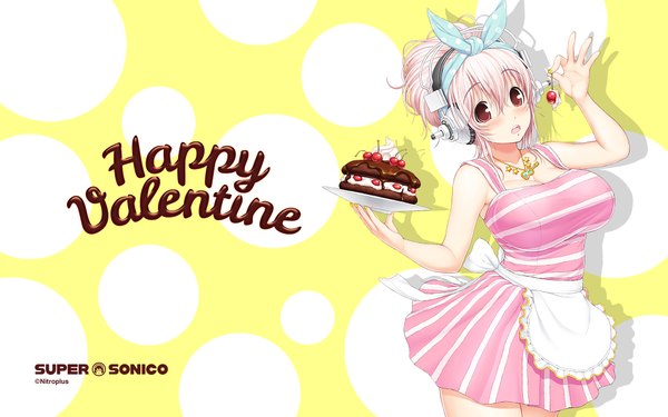 Anime picture 1920x1200 with nitroplus super sonico tsuji santa single looking at viewer blush highres short hair breasts open mouth red eyes large breasts pink hair wallpaper alternate hairstyle valentine hair up girl bow hair bow