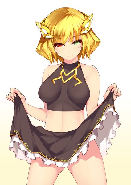 Anime picture 2149x3035 with shironeko project charlotte (shironeko project) dean single tall image looking at viewer blush fringe highres short hair breasts light erotic simple background blonde hair smile red eyes standing green eyes heterochromia skirt lift