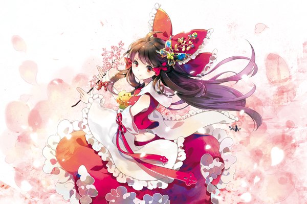 Anime picture 1400x933 with touhou hakurei reimu seal (pukozin) single long hair looking at viewer black hair smile red eyes cherry blossoms girl dress skirt hair ornament bow hair bow detached sleeves petals skirt set branch