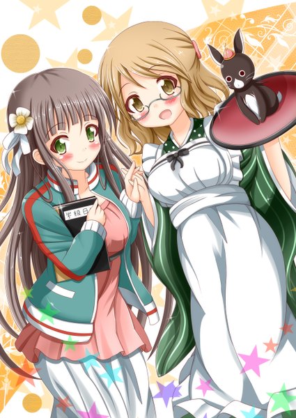 Anime picture 1000x1412 with gochuumon wa usagi desu ka? kin-iro mosaic white fox ujimatsu chiya anko (gochiusa) karasuma sakura xenon (artist) long hair tall image looking at viewer blush fringe short hair open mouth black hair blonde hair smile multiple girls green eyes traditional clothes