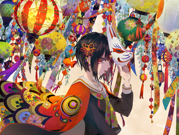 Anime picture 1188x900 with original tsukioka tsukiho single looking at viewer fringe short hair black hair holding upper body profile wind black eyes mouth hold girl uniform hair ornament serafuku mask kanzashi fox mask