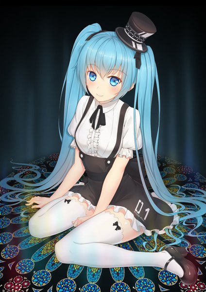 Anime picture 1240x1754 with vocaloid hatsune miku anarchojs single tall image looking at viewer blush blue eyes smile sitting twintails blue hair very long hair puffy sleeves wariza girl thighhighs dress ribbon (ribbons) hair ribbon